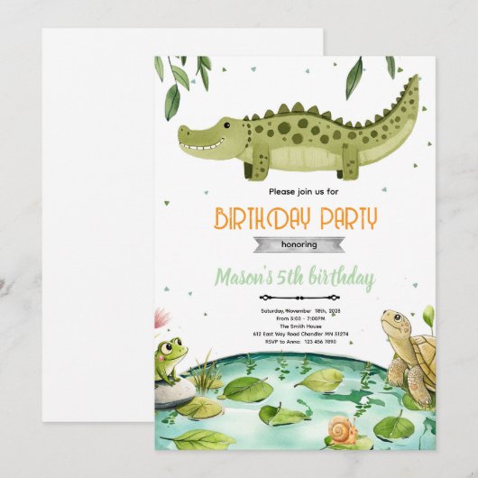 Swamp reptiles birthday party invitation 招待状 (正面/裏面)