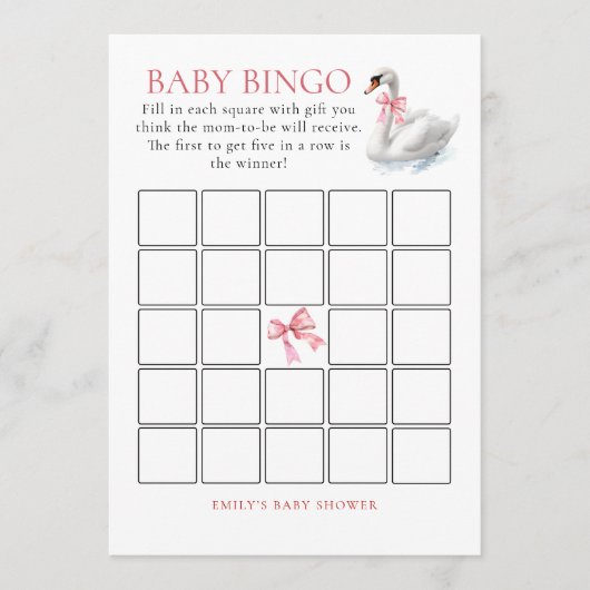 Swan Bingo Baby Shower Game Card 招待状 (正面)