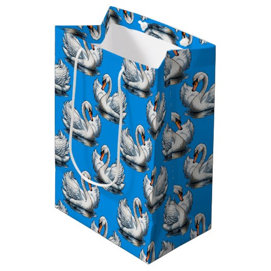 Swan Birds Pattern Design On Blue  ミディアムペーパーバッグ (正面アングル)
