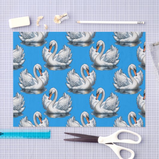 Swan Birds Pattern Design On Blue  薄葉紙 (クラフト)