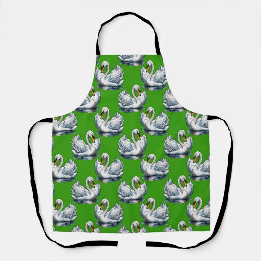 Swan Birds Pattern Design On Green  エプロン (正面)