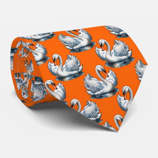 Swan Birds Pattern Design On Orange  ネクタイ (ロール)