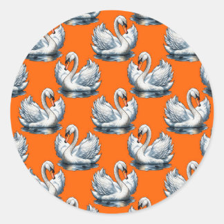 Swan Birds Pattern Design On Orange  ラウンドシール