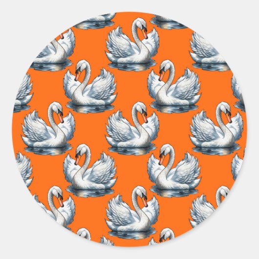 Swan Birds Pattern Design On Orange  ラウンドシール (正面)