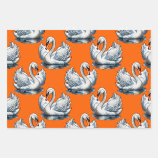 Swan Birds Pattern Design On Orange  ラッピングペーパーシート