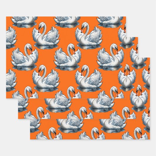 Swan Birds Pattern Design On Orange  ラッピングペーパーシート