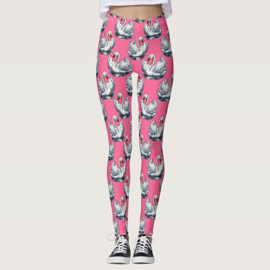 Swan Birds Pattern Design On Pink レギンス (正面)