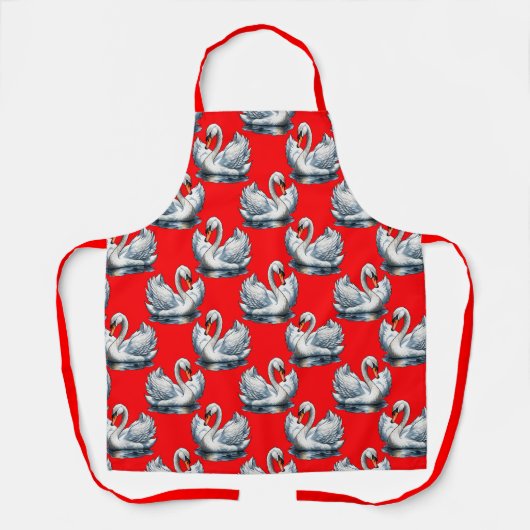Swan Birds Pattern Design on Red エプロン (正面)