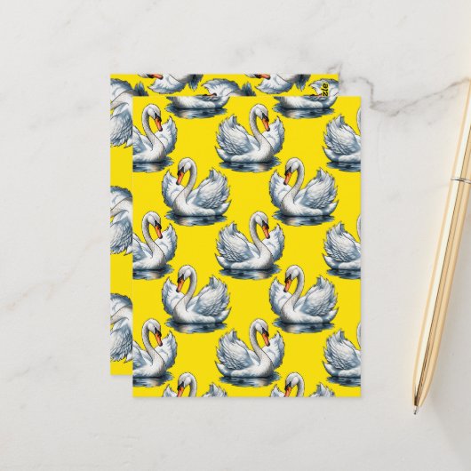 Swan Birds Pattern Design On Yellow  ポストカード (正面/裏面インサイチュ)
