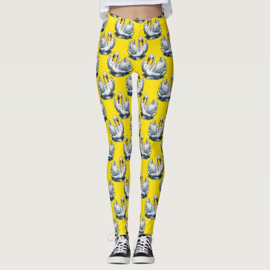 Swan Birds Pattern Design On Yellow  レギンス (正面)