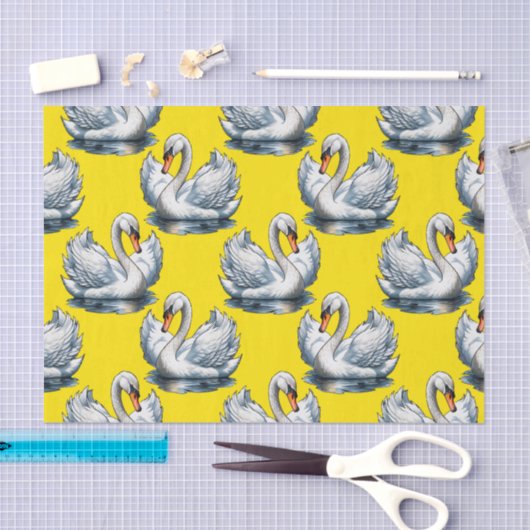 Swan Birds Pattern Design On Yellow  薄葉紙 (クラフト)