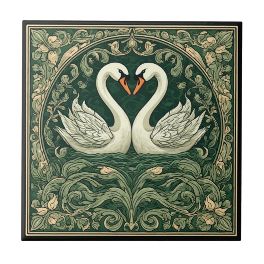 Swan Couple Art Nouveau Decorative Wall Accent タイル (正面)