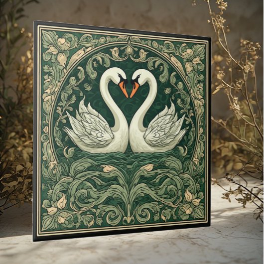 Swan Couple Art Nouveau Decorative Wall Accent タイル