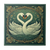Swan Couple Art Nouveau Forest Green Wall Accent タイル (正面)