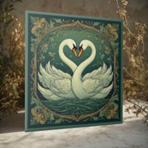 Swan Couple Art Nouveau Forest Green Wall Accent