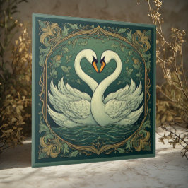 Swan Couple Art Nouveau Forest Green Wall Accent タイル