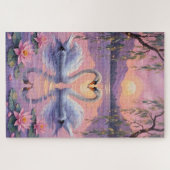 Swan Couple Heart on Pink Sunset Lake ジグソーパズル (横)