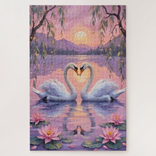 Swan Couple Heart on Pink Sunset Lake ジグソーパズル (縦)
