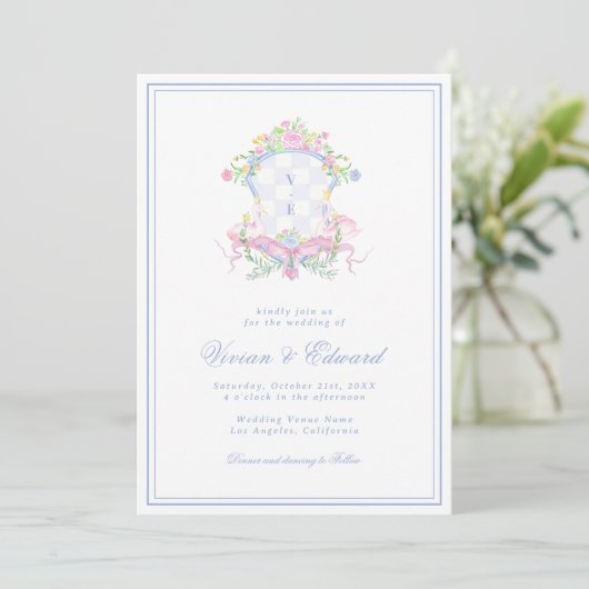 Swan Crest Monogram Coastal Blue Wedding 招待状 (スタンド正面)