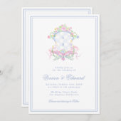 Swan Crest Monogram Coastal Blue Wedding 招待状 (正面/裏面)