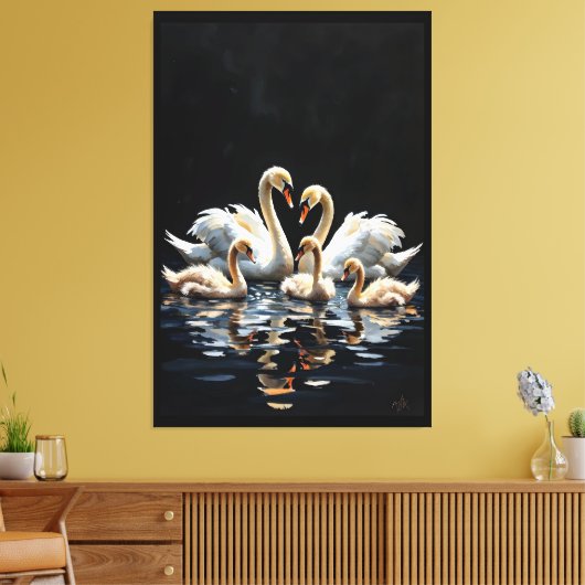 Swan Family on Black Lake Artwork キャンバスプリント (インサイチュ (リビング))