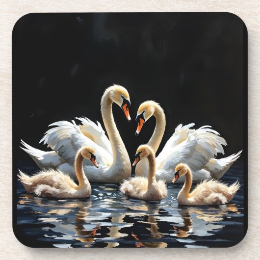 Swan Family on Black Lake Artwork コースター (正面)