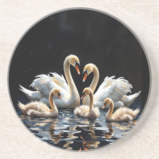 Swan Family on Black Lake Artwork コースター (正面)