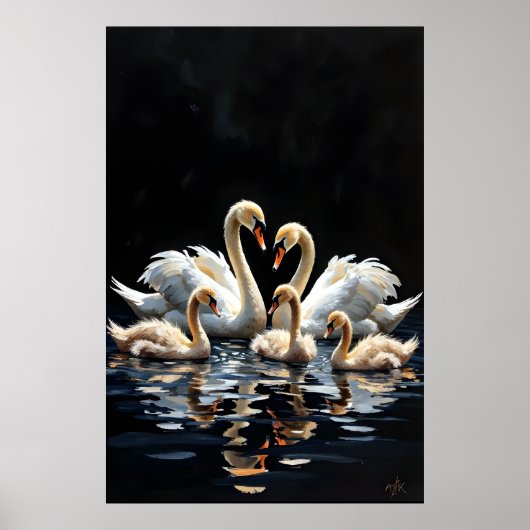 Swan Family on Black Lake Artwork ポスター (正面)