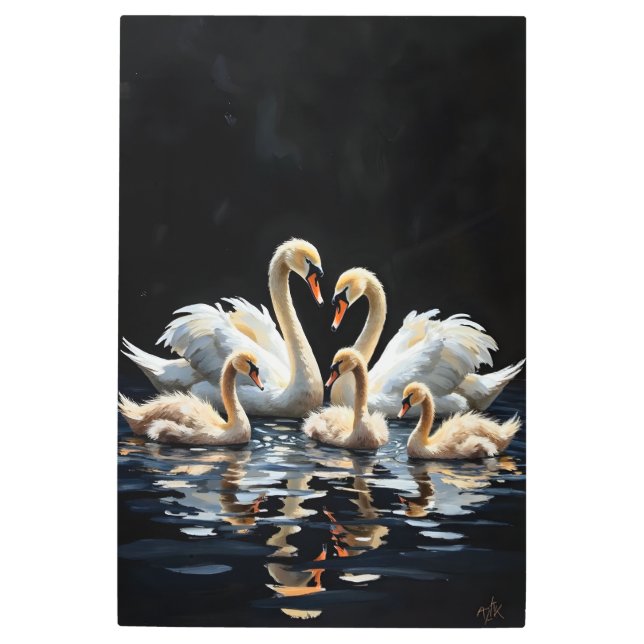 Swan Family on Black Lake Artwork メタルプリント (正面)