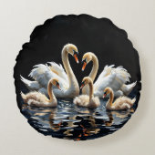 Swan Family on Black Lake Artwork ラウンドクッション (正面)