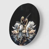 Swan Family on Black Lake Artwork ラージ壁時計 (傾斜)
