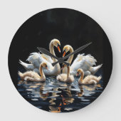Swan Family on Black Lake Artwork ラージ壁時計 (正面)