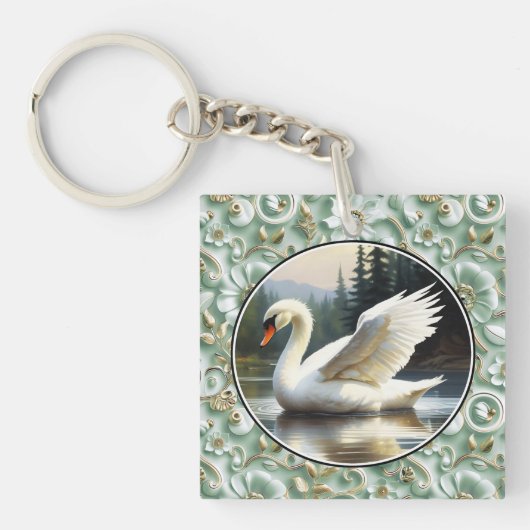 Swan Glides Gracefully on Lake キーホルダー (正面)