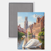Swan in Bruges Belgium Travel Souvenir マグネット (正面/裏面)