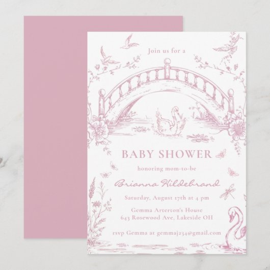 Swan Lake Pink Toile Chinoiserie Girl Baby Shower 招待状 (正面/裏面)