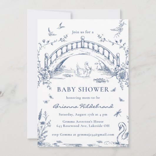Swan Lake Toile Chinoiserie Baby Shower Invitation 招待状 (正面)