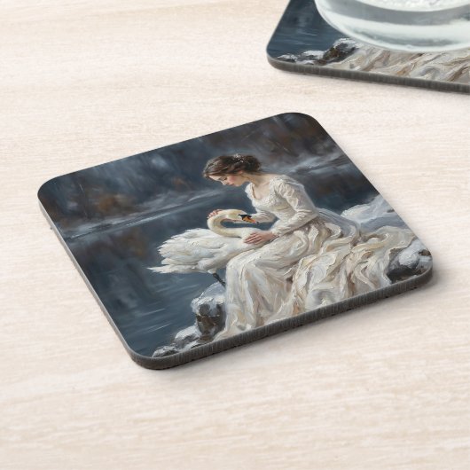 Swan Maiden Winter Lake Romance Fantasy Art コースター (左側)
