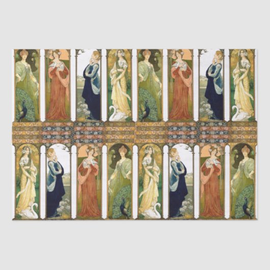 Swan Peacock Dove Flowersアールヌーボーの女性 薄葉紙 (正面)