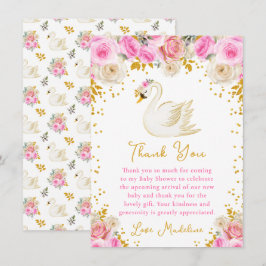 Swan Pink and Gold Roses Baby Shower サンキューカード