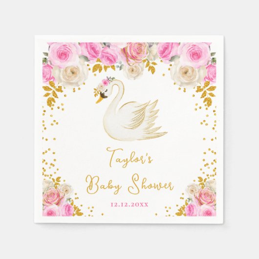 Swan Pink and Gold Roses Baby Shower スタンダードカクテルナプキン (正面)