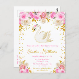Swan Pink and Gold Roses Baby Shower ポストカード