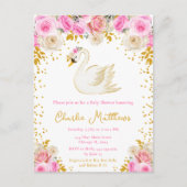 Swan Pink and Gold Roses Baby Shower ポストカード (正面)
