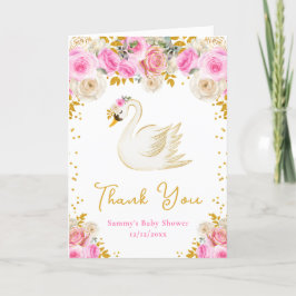 Swan Pink and Gold Roses Baby Shower Thank You サンキューカード