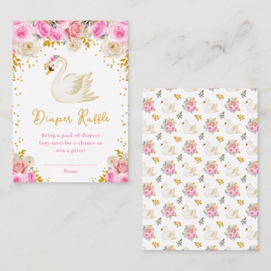 Swan Pink and Gold Roses Diaper Raffle エンクロージャーカード (正面/裏面)