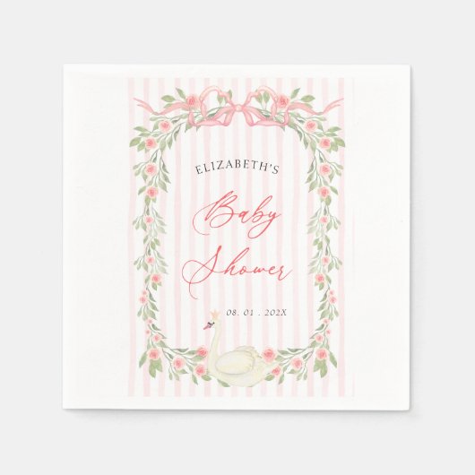 Swan Pink Bow Floral Baby Shower スタンダードカクテルナプキン (正面)