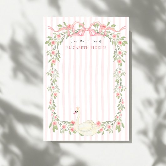 Swan Pink Bow Floral Roses Baby Shower サンキューカード