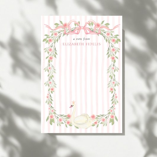 Swan Pink Bow Floral Roses Baby Shower ノートカード