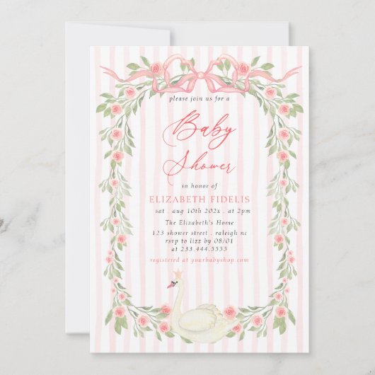 Swan Pink Bow Floral Roses Baby Shower 招待状 (正面)