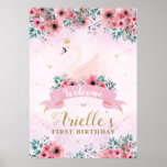 Swan Princess Birthday Party Welcome Sign ポスター<br><div class="desc">Personalised swan princess themed birthday welcome sign poster with lovely pink watercolour flowers and soft pink watercolour background. Sweet,  pretty and elegant. Customise with birthday child's name.</div>