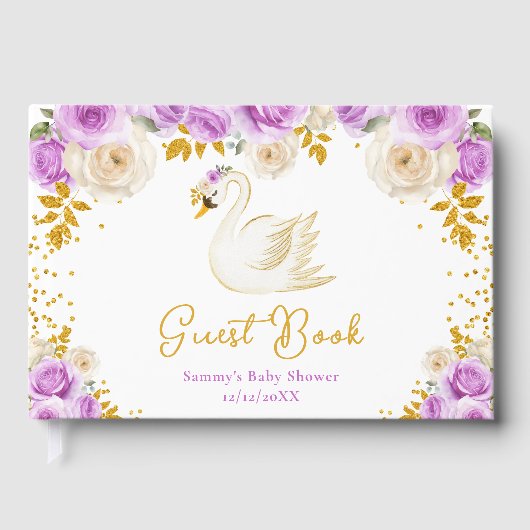 Swan Purple and Gold Roses Baby Shower ゲストブック (正面)